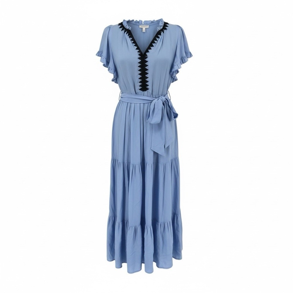 Lug Von Siga Light Blue Cupro Tiered Maxi Dress Black Triangle Trim EU 38 US 6